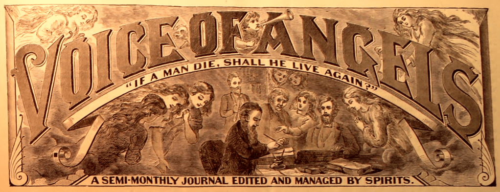Masthead from the Spiritualist periodical Voice of Angels, picturing the a man writing surrounded by ghostly figures